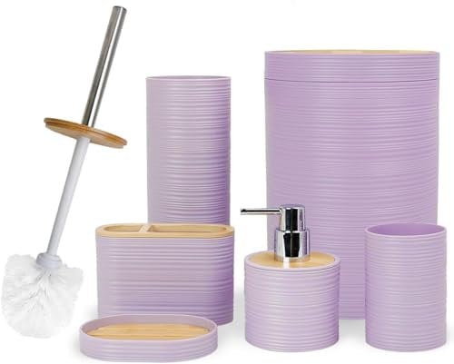 CERBIOR Bathroom Accessories Set 6 Piece Bamboo Bath Ensemble Includes Soap Dispenser, Toothbrush Holder, Toothbrush Cup, Soap Dish for Decorative Countertop and Housewarming Gift, Sriral Purple