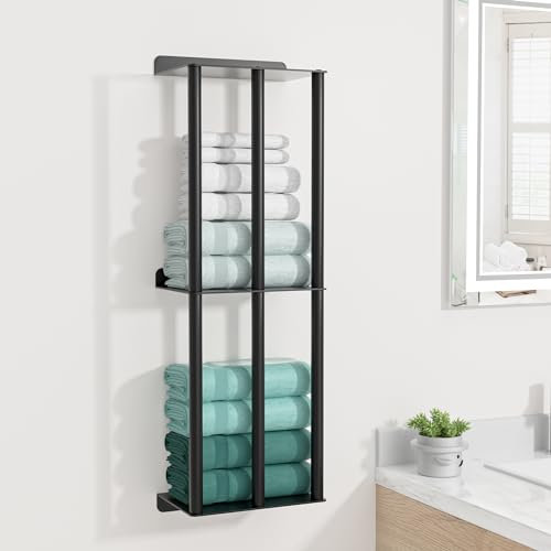 susswiff Towel Racks for Bathroom, Wall Mounted Towel Holder, 2 Tier Towel Rack with Shelf, Heavy Duty Bath Towel Holder, Black, 26 x 5.9 x 8.9 Inches