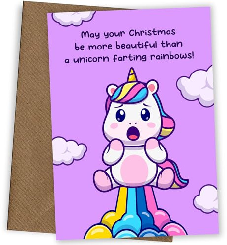 Lustige Weihnachtskarte für Tochter – Einhorn de Regenbögen – perfekt für Schwester, Enkelin oder Bestie – eine kichernde Urlaubsüberraschung