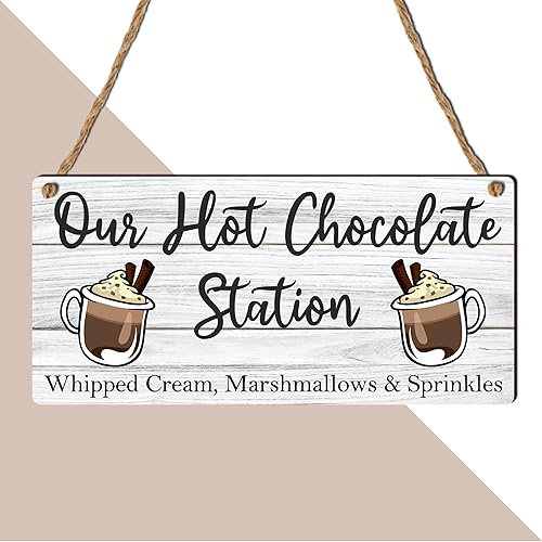 Hot Chocolate Station Plaque - Family Kitchen Wall Decor - Autumn & Winter Home Accessory - Whipped Cream, Marshmallows & Sprinkles Theme - New Home or Housewarming Gift (MDF WOOD)