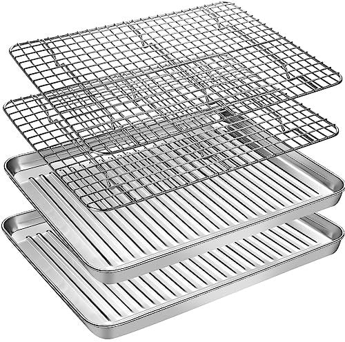 EWFEN Baking Set (2 Pans + 2 Racks), Stainless Steel Cookie Pan with Cooling Rack, Nonstick, Warp Resistant & Heavy Duty, Size 9x7x1 Inch