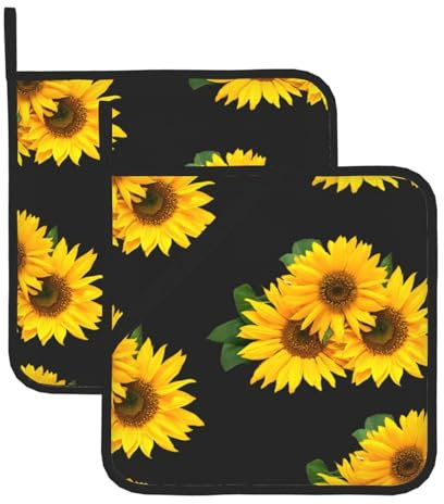Confezione da 2 presine per cucina, con girasoli gialli e foglie nere, resistenti al calore, con tasche per appenderle, panni per forno a microonde, per cucinare, campeggio, cottura