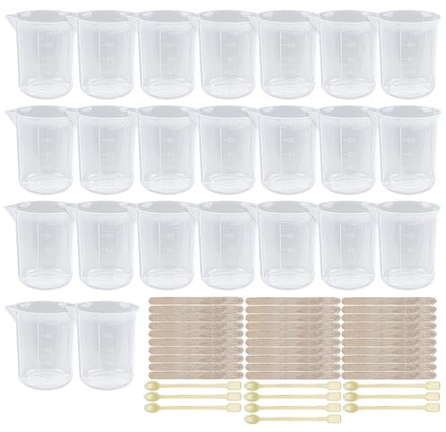 23 Pcs 100ml Verres Doseurs Plastique, Gobelet Doseur en Résine Epoxy Avec Bâtons à Mélanger, Doseur Lessive Liquide, Verre Mesureur Cuisine Transparents Réutilisables