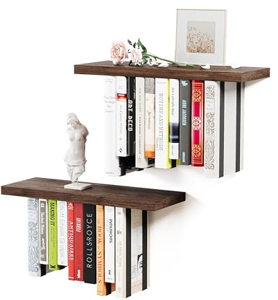 BUTUNITA Schwebende Bücherregale für die Wand, rustikales Holz-Bücherregal, kopfüber Bücherregal und Wandmontage, Bücherregale für Heimdekoration im Schlafzimmer, Wohnzimmer, karbonisiert, 2 Stück