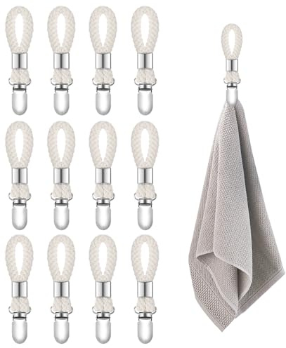 ROOMHUAWAY 12 Stück Beige Handtuch Aufhänger mit Schlaufen, Handtuchklammern & Handtuchclips, Handtuch Klammer, Handtuchclips Aufhänger, Handtuchaufhänger ohne Nähen für Küche & Bad