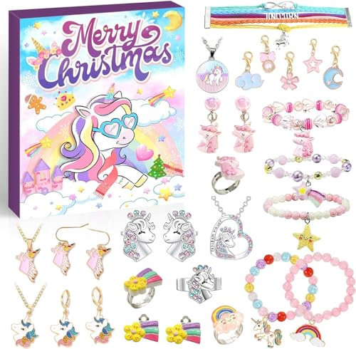Adventskalender Mädchen 2024,Einhorn Schmuck Adventskalender kinder Weihnachtskalender 24 Tage Weihnachts Countdown Geschenken,Weihnachten Geschenk für Damen Mädchen