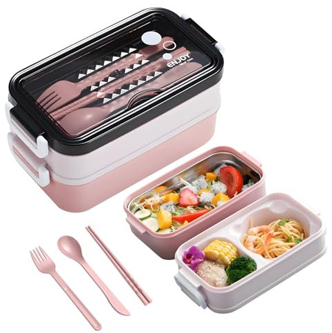 Lunch Box adulte/enfant, 1400ML Boite lunch box umami avec 3 Compartiments et Couverts, Boite Repas Plastique sans BPA,Boites Bento Micro Onde pour Bureau, école, Pique-Nique （rose）