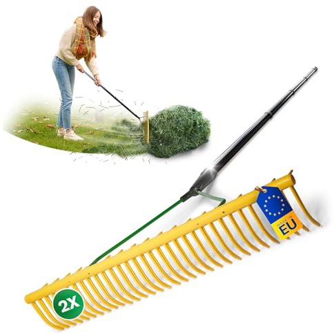 Novatool Gartenrechen mit Grasfang-Vorrichtung, 32 Zinken und 4tlg Steck- & Schraubstiel, Arbeitsbreite 64,5 cm, Rechen aus Kunststoff und Metall, Laubsammler, Laubrechen, Rasenrechen, Gelb