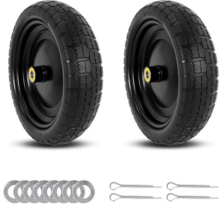 13 Zoll pannensichere Reifen 4.00-6, Vollreifen und Ersatzräder mit 5/8 Zoll Achsbohrung, 4 Distanzstücken und 2 Stiften für Schubkarren, Gartenkarren, Sackkarren, Trolleys, Gorilla Cart