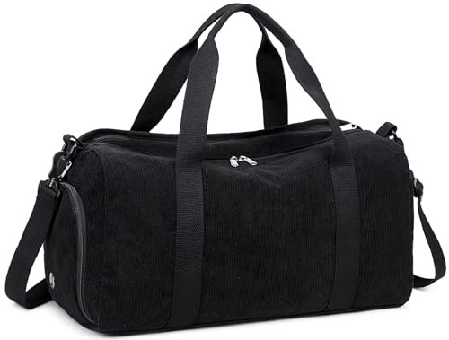 Reisetasche für Fitnessstudio, Sport, Damen, Mädchen, Workout, Reisetasche, Wochenendtasche, mit Schuhfach und Nassfach, Cord-schwarz, L, Reisetasche