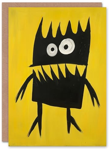 Artery8 Cute Monster Cartoon Black Yellow Painting For Child Kids Birthday Card