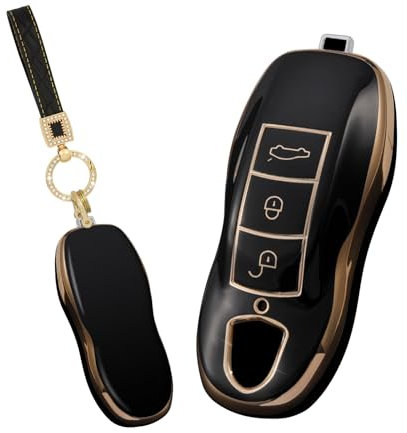 TECART Coque de clé avec porte-clés pour Porsche Boxster Cayenne Panamera Carrera 911 991 991 - Porte-clés avec perles carrées - Noir, Porte-clés à perles carrées - Noir