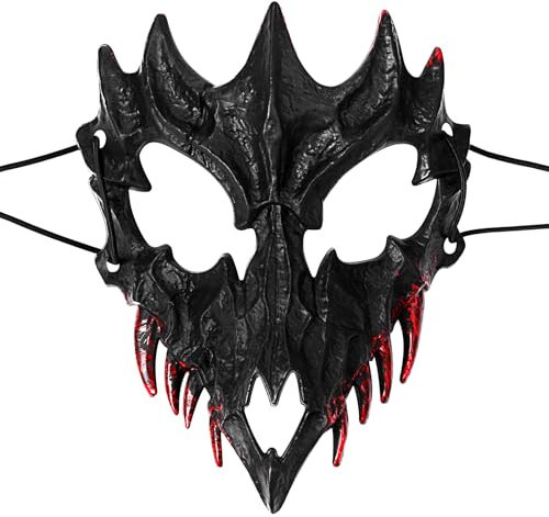 JewelryWe Gothic Drachen Schädel Knochen Blutige Zähne Anime Horror Maske - Schwarz, Drachenmaske, Japanische Maskerade, Halbmaske für Karneval Fasching Party Kostüm