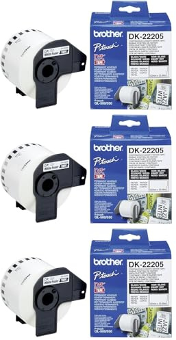 Brother DK-22205 Label Roll, Continuous Length Paper, Black on White, Single Label Roll, 62mm (W) x 30.48M (L), Brother Genuine Supplies (Pack of 3)
