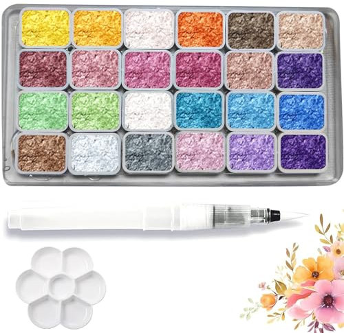 Canollo 24 Farben Metallic Aquarellfarben Set, Glitzer Aquarell Farben, Metallic Watercolor Set Mit 3 Wasserpinsel und Palette, Solid Glitzer Aquarellfarben set für Künstler, Meister, Anfänger