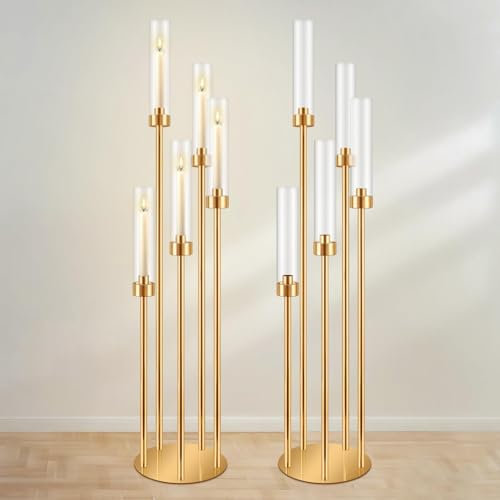 Lot de 2 bougeoirs sur Pied dorés à 5 Bras, 107 cm de Haut, avec Abat-Jour Amovible en Acrylique, pour décoration de Noël