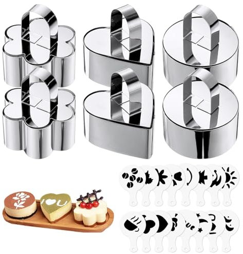 Sxutop 6 Stück Dessertringe Klein 8 cm Speiseringe Edelstahl Set Servierringe Kleine Kuchenringe mit Heber und Schablonen Mini Tortenring 8 cm für Backen Dessert Kuchen Mousse Ringe (3 Formen)