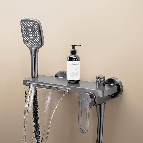 MocArt N502 Vollkupfer Badezapfen, Kalt-Warm-Regelung, Wandmontage, Handbrause mit 3 Stufen & Wasserfall-Auslass – Ideal für Badezimmerumbau und Modernisierung (Gun Gray)
