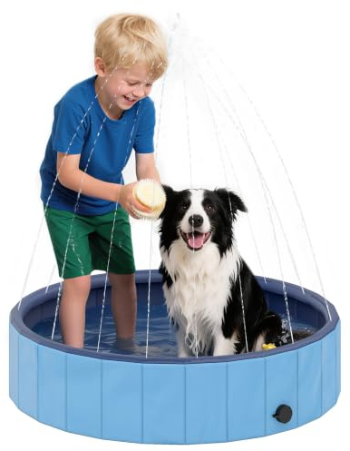 PawHut Piscina para Perros Plegable con Aspersor Ø100x30 cm Azul Claro | Bañera Portátil, para Mascotas Pequeños, PVC Antideslizante, Resistente al Desgaste, para Interiores y Exteriores