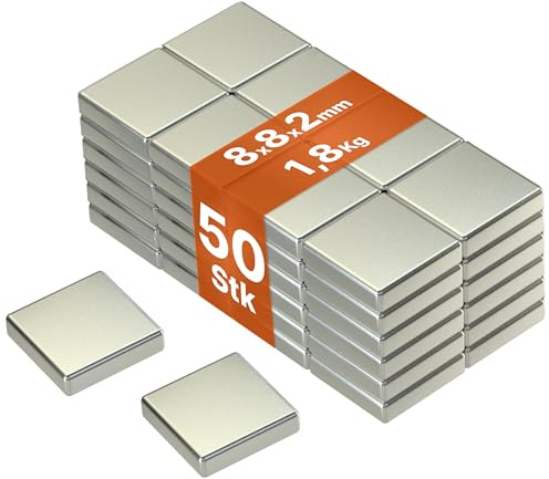 RICOO 8x8x2 NiCuNi Neodym Magnet extra stark Whiteboard Magnete für Magnettafel Mini Magneten starker Halt Supermagnete Minimagnete für Kühlschrank Würfelmagnete 50 Stück