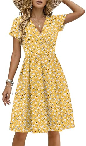 WNEEDU Summer Dresses for Women UK Short Sleeves V Neck | Wrap waist, A-line hem, Side pockets, Knee length, Lightweight, Daily casual, Solid & printed, Ladies beach dress