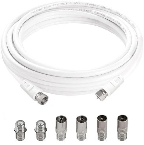 AmiCera SAT Antennenkabel 3m, F Stecker auf F Stecker Hochgeschwindigkeits RG6 Koaxialkabel mit 6 Stücke Verlängerungskupplungen, 75 Ohm RG6 Kabel für Kabelbox TV Digital Router Satellitenkabel Weiß