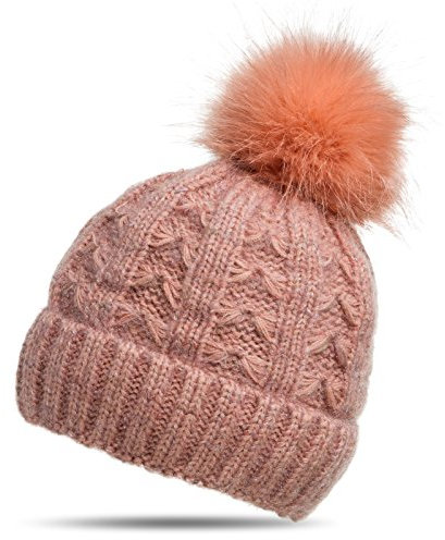 Caspar MU144 Damen warme Winter Strick Mütze mit Fellbommel, Farbe:altrosa, Größe:One Size