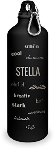 Trinkflasche mit Namen Stella - graviert mit Positive Eigenschaften, Aluminiumflasche mit Gravur, Sportflasche - matt schwarz