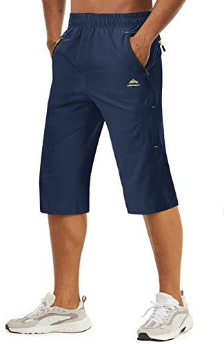 TACVASEN Herren Kurze Cargohose 3/4 Schnelltrocknende Shorts Wanderhose mit Reißverschlusstasche, Navy Blau, 34