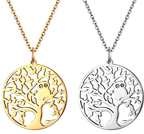 JewelryWe Schmuck Damen Halskette Edelstahl Baum des Lebens Eule Anhänger Kettenanhänger mit Weiß Strass 45CM Kette Silber/Gold