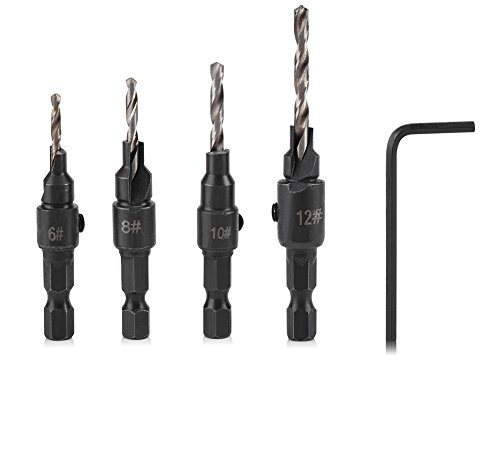 Biitfuu Bohrerset, 4 Stk. HSS-Bohrer #6, #8, #10, #12 Senker Holzbearbeitungswerkzeug mit L-Schlüssel