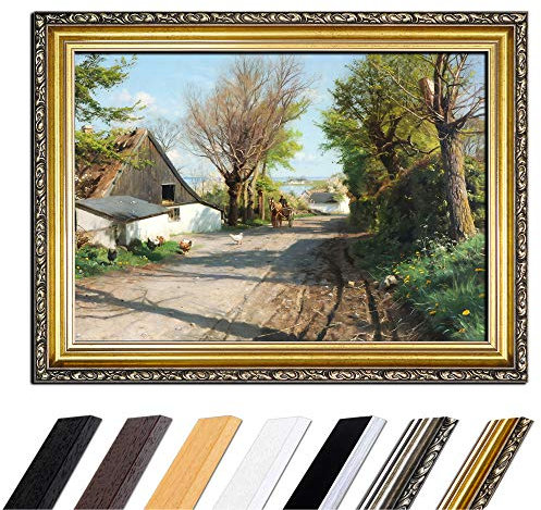 Bild mit Rahmen - Peder Mork Mönsted Frühlingsmorgen im Dorf 80x60 cm - Gerahmtes Leinwandbild Alte Meister - Antiker Rahmen Gold Barock, Klassisch