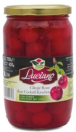 Luciano Cocktail Kirschen 420g - Maraschino Cocktailkirsche ohne Kern Sauerkirschen im Glas mit Stiel eingelegt in Sirup