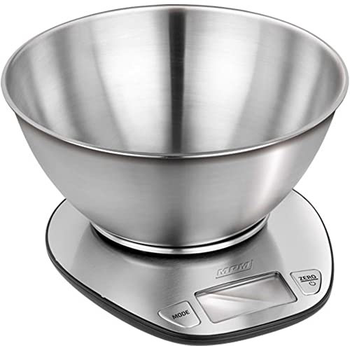 MPM MWK-05M Báscula de Cocina Digital con Bol Removible Acero Inoxidable, Display LCD, Balanza Electrónica Alta Precisión con Cuenco, Pesa Alimentos hasta 5 kg, Pasos 1g, Función Tara Pesa gr ml Oz Lb