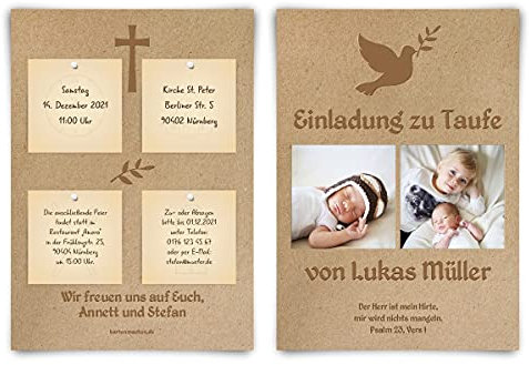 10 x Einladungskarten zur Taufe Taufkarten - Text und Foto einfach individuell selbst gestalten DIN A6 für Mädchen oder Jungen - Kork Pinnwand Design