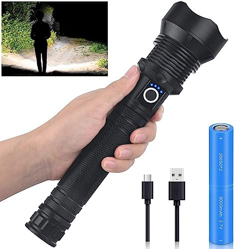 Amzyigou Linternas LED Alta Potencia 90000 Lúmenes, Xhp160.5 Antorcha Recargable, Potentes Tácticas Linterna con Zoomable, Impermeable, Antorcha Gadgets para Hombres, 6 Modos para Camping Emergencias