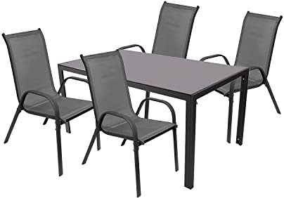 Mojawo Hochwertige Gartengarnitur 5-teilig Glastisch 160x90cm mit Glasplatte + 4 Stapelstühle Textilen Anthrazit