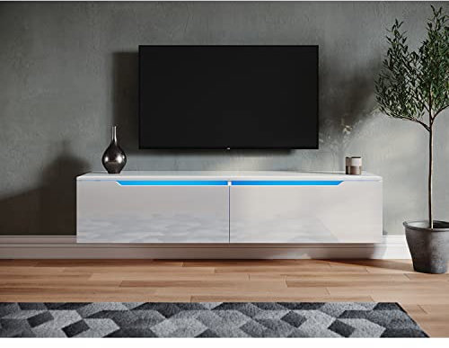 SONNI Mueble TV Suspendido Blanco Brillo con Luces 12 Colores,Mueble de Salón con LED Madera 2 Puertas Abatibles 140 cm