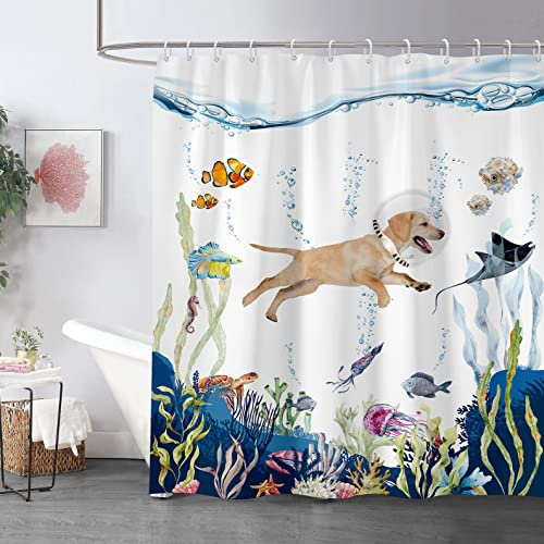 zokyer Lustiger HundeDuschvorhang Beagle Tier Spaß Kinder Ozean Fisch Lustiges Strandthema Meer Küste nautische Pitbull Badezimmer Dekor Polyester Stoff Wasserdicht Langlebig Kunststoff Haken 12
