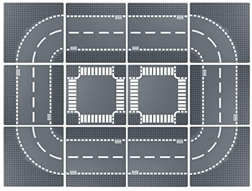 LEAFYIP Set of 12 City Straight Road Base Plates, 25.5 x 25.5 cm, Cities Street Plates, 100% Compatible with Most Brands, 4 Curve / 6 Straight / 2 Junction