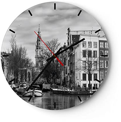 Modern Wanduhr Schwarzweiß Amsterdam Boote 30x30cm Rund Klein Wand Uhr Glas Analog Zimmeruhren Küche Büro Wohnzimmer Glasuhr Wall Clock Dekoration Design Wanddekoration Küchenuhr C3AR30x30-4436