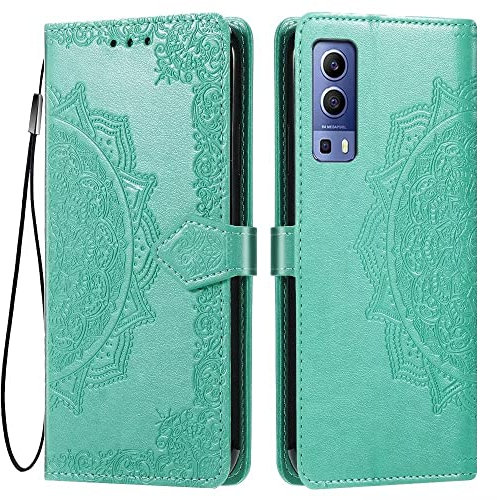 HONLEN Hülle für vivo Y52 5G / vivo Y72 5G Handyhülle, (6.58 Inches) Premium PU Leder Wallet Magnetverschluss Flip Case mit 3 Kartenfach,Mandala Muster Case Grün