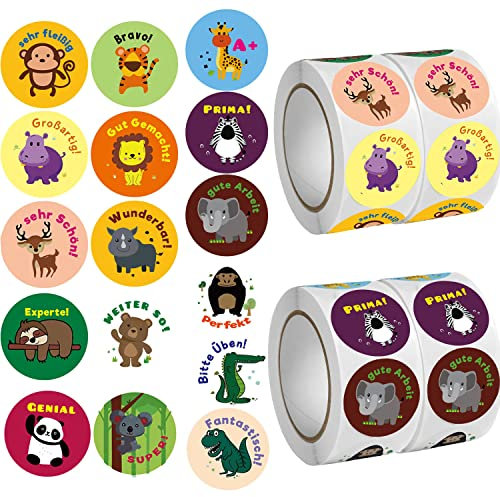 Motivationsaufkleber für Kinder, 2000 Stück Selbstklebende Tier Belohnungsaufkleber Lehrer Belohnungssticker Belohnung Aufkleber mit Süßer Tiere Lob Belobigung Sticker für Schule Klassenzimmer Runde