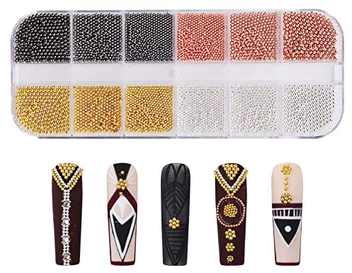Nail Art Beads - 1 Box, 12 Grids Mixed Color & Size Mini Caviar Beads 3D Nail Art Decorations, Steel Ball Manicure Accessories - Gold, Silver, Rose Gold, Black