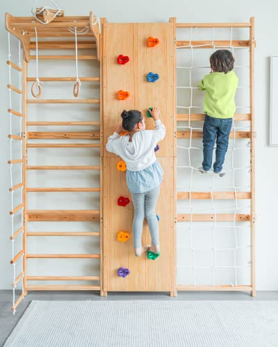 9-in-1 Schwedenleiter Kletterwand für Kinder - Indoor Holz Klettergerüst mit Rutsche, Ringen, Netz & Strickleiter - höhenverstellbares Fitness- & Spielset für Zuhause - stabiles Buchenholz Natur