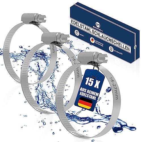 EMIPRA® Schlauchschellen Set [16-27mm, 15 Stk] - optimierte Geometrie für besonders einfache Rotation - Schlauchschellen Edelstahl rostfrei gemäß DIN 3017 W4