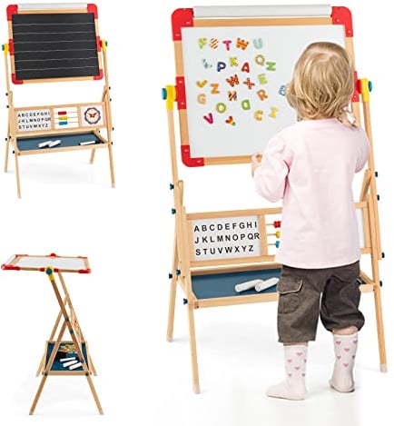 COSTWAY Caballete Pizarra de Madera para Niños, 3 en 1 Pizarra Blanca Caballete Infantil, Bandeja de Almacenaje, Rollo de Papel, Ábaco Educativo, Reloj & Alfabeto, Tablero de Dibujo de Doble Cara