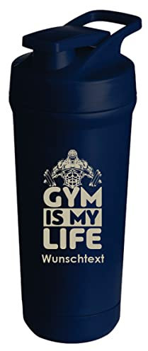 Teemando® individuell gravierter Premium Edelstahl Shaker mit deiner Wunschgravur 750ml, auslaufsicherer Deckel, Shaker-Ball, spülmaschinengeeignet für Proteinshakes, Fitness Diät Geschenk (Blau)