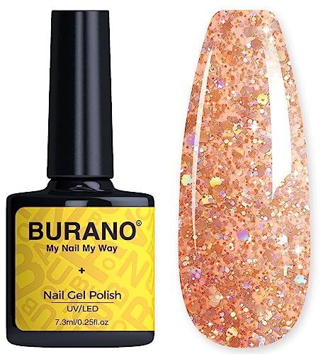 BURANO Glitter Gel Nail Polish, LED UV Nail Gel Shimmer Holographic Effect Soak off Curing Required Champagne LP23