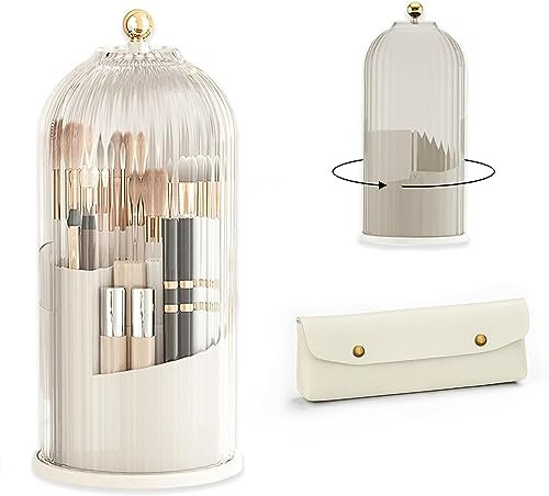 360° Rotante Porta Pennelli Make Up, Organizer Trucchi con Coperchio, Porta Pennelli per Make Up con 3 Scomparti, Organizzatore Cosmetic per Rossetti, Il Trucco